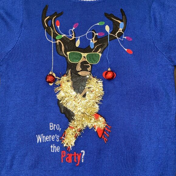 Jolly Sweaters Size M Blue Bro Where's the Party Holiday Ugly Christmas Sweater - Picture 5 of 16